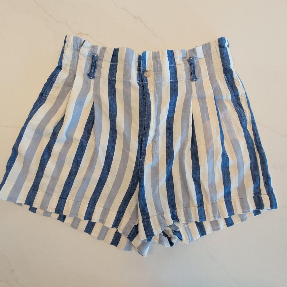 Madewell Linen Blend Sz 14 Blue Striped High Waist Paper Bag Loose Fit Shorts